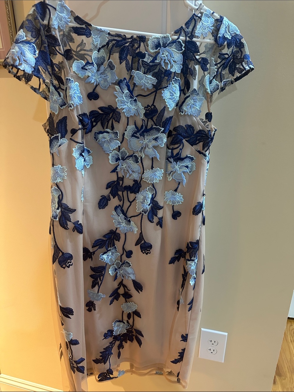 Adrianna Papell Nude Midi Dress with Navy & Light Blue Floral Appliqué